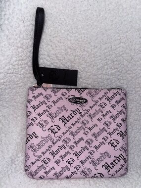 NWT Ed Hardy Light Pink Logo Print Wristlet with Black Strap